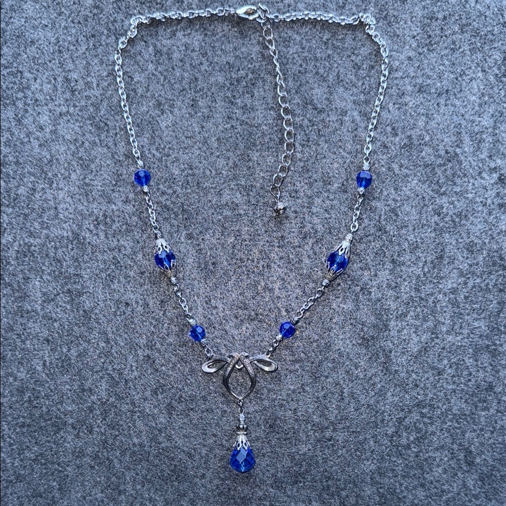 Silver and Blue Beaded‎ Necklace with Teardrop Pendant